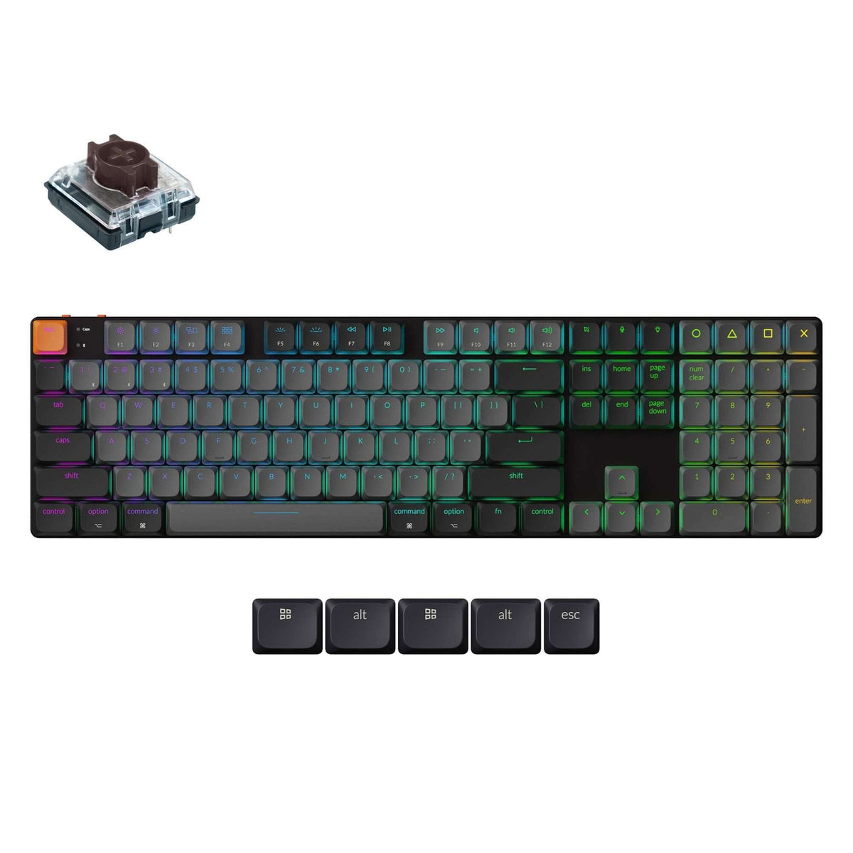 Keychron K5 QMK V2 low profile mechanical keyboard with RGB backlighting and keycaps.
