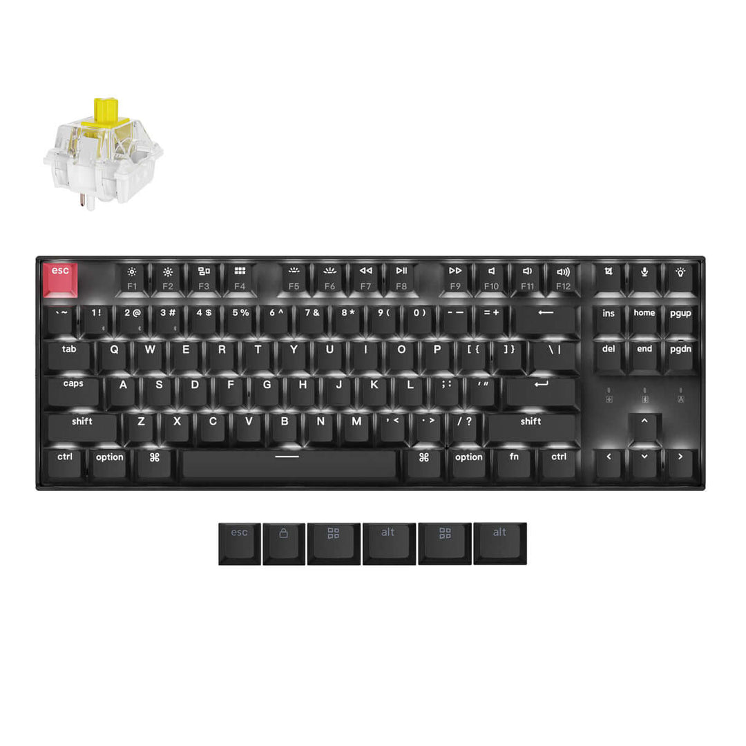 Keychron K8 Version 2 mechanical keyboard layout with various keycaps and a switch for customization.