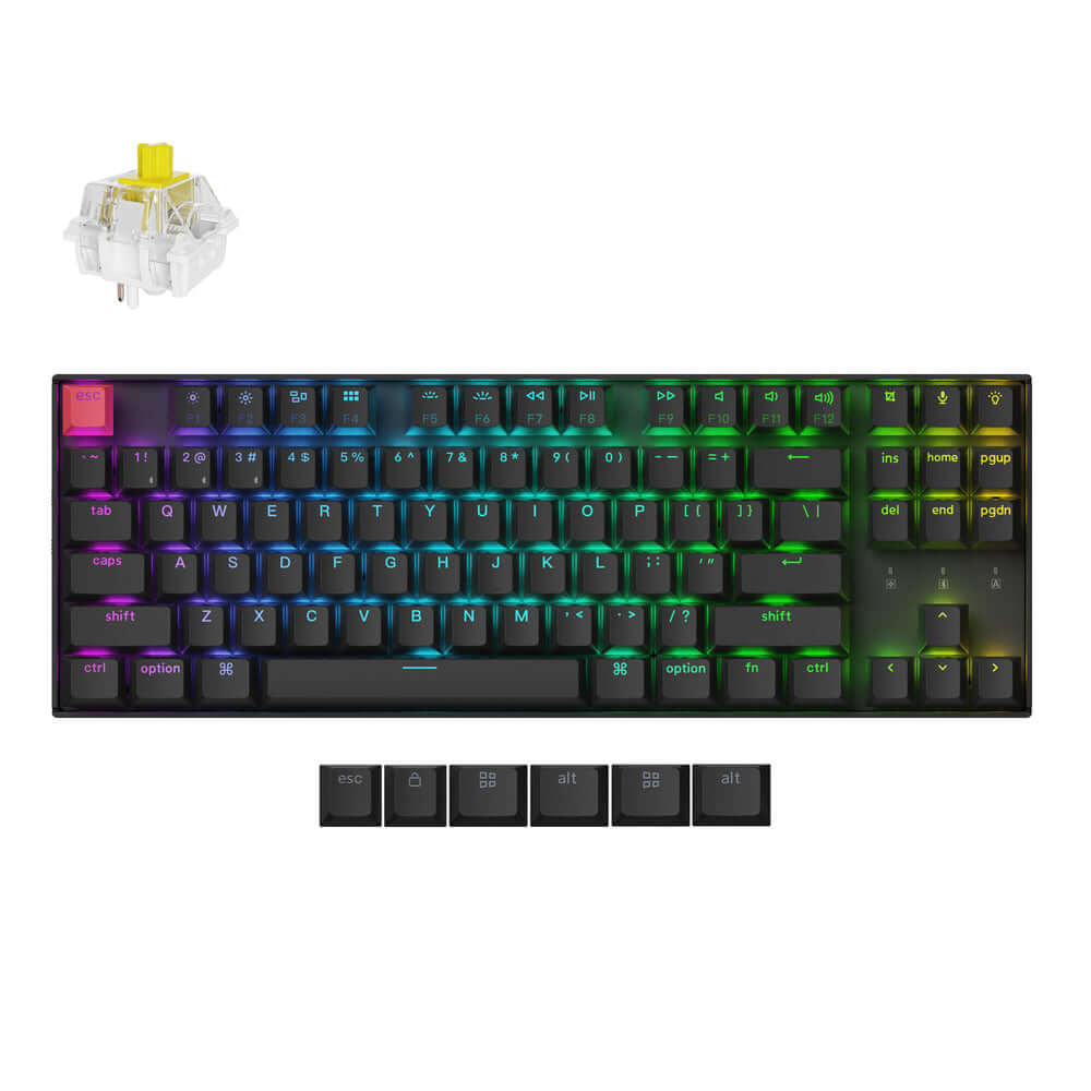 Keychron K8 V2 RGB mechanical keyboard with colorful backlighting and a yellow switch on top.