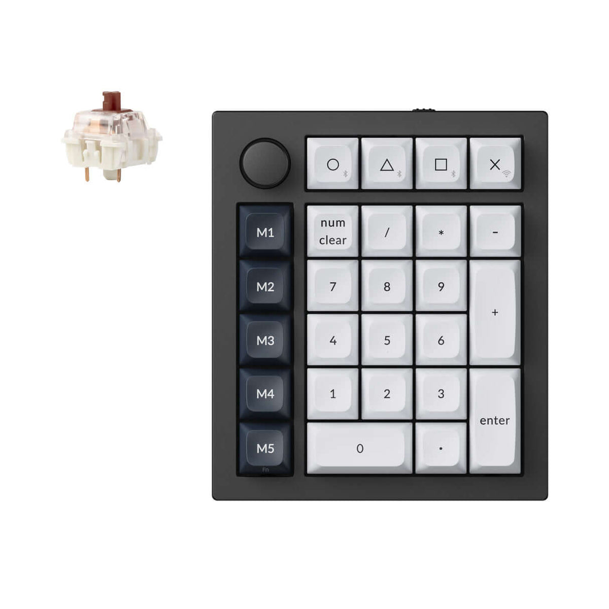 Keychron Q0 Max QMK custom number pad with macro keys and a rotary knob, showcasing a sleek metal design.