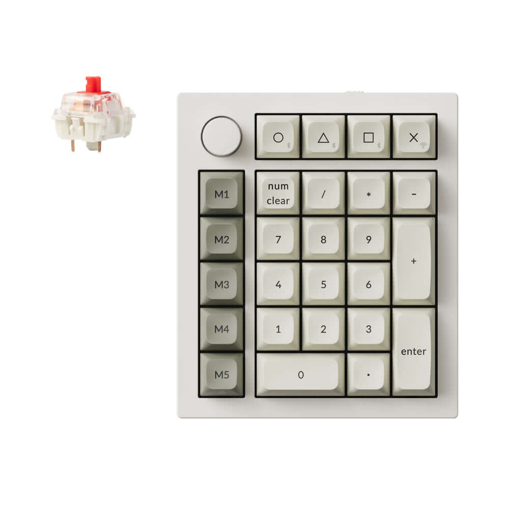 Keychron Q0 Max custom number pad with numeric keys and programmable macro buttons, featuring a rotary knob.