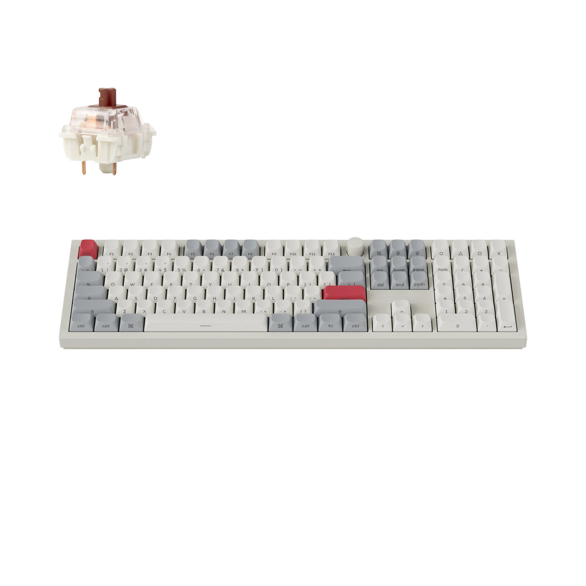 Keychron Q6 Max mechanical keyboard with gray and red keycaps, showing a brown switch on the side.