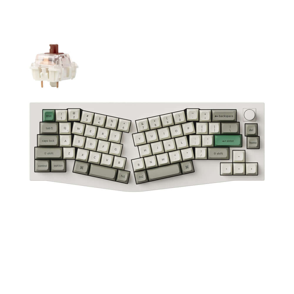 Keychron Q8 Max Alice Layout keyboard with mechanical switch on top, featuring a custom design in grey and green.