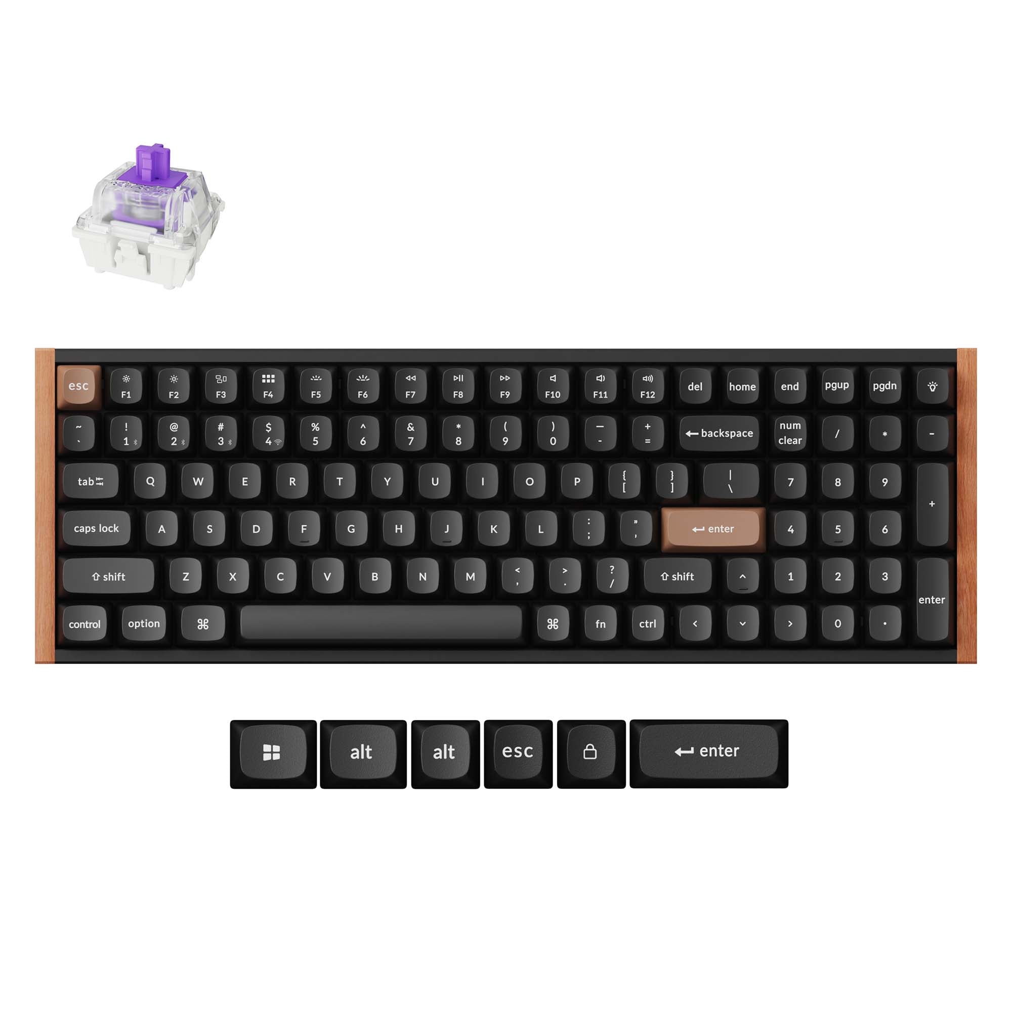 Keychron K4 HE Switch custom wireless keyboard with black keys and wooden detail.
