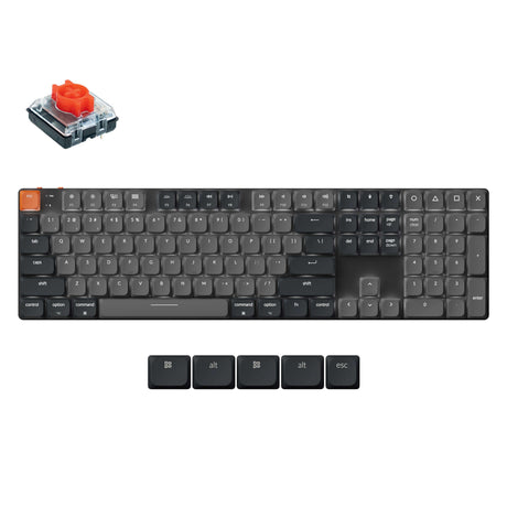 Keychron K5 Version 2 wireless mechanical keyboard with black keys and red switch, showcasing features and customization options.