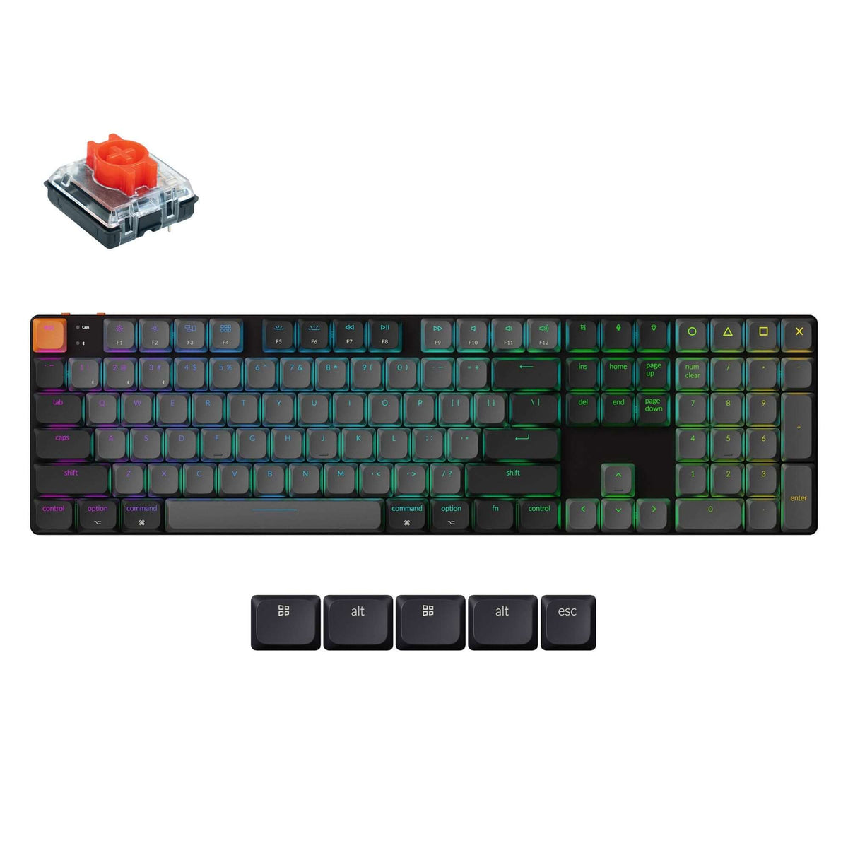 Keychron K5 QMK Version 2 keyboard with RGB lighting and key switches, showcasing a sleek low profile design.
