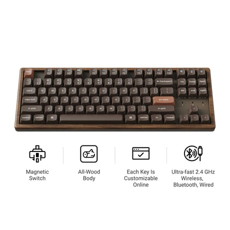 Wooden mechanical keyboard with magnetic switches, customizable keys, and three connection modes