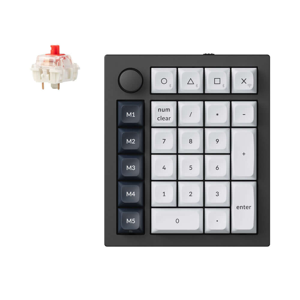 Keychron Q0 Max custom number pad with various keys, macro buttons, and a mechanical switch.