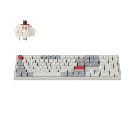 Keychron Q6 Max mechanical keyboard with gray and red keycaps, showing a brown switch on the side.