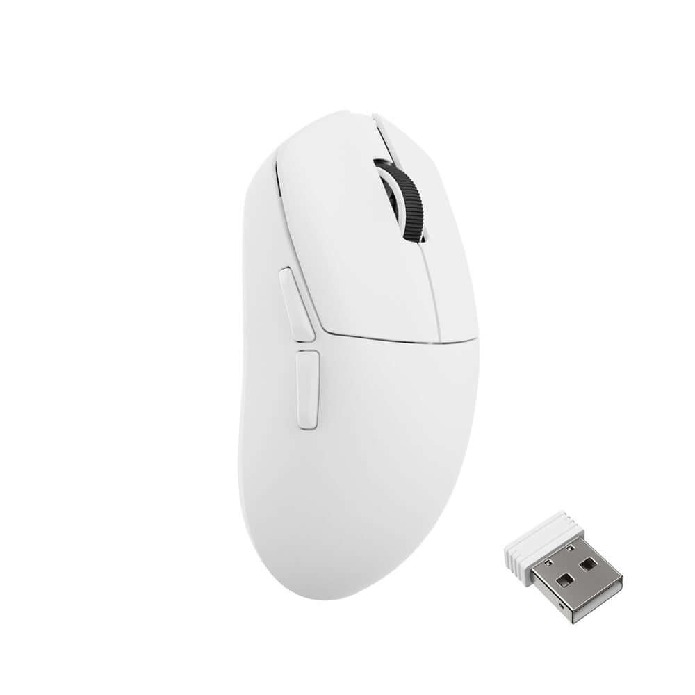 Lemokey G1 Wireless Optical Mouse in white, featuring ergonomic design, 8KHz polling rate, and wireless USB dongle.