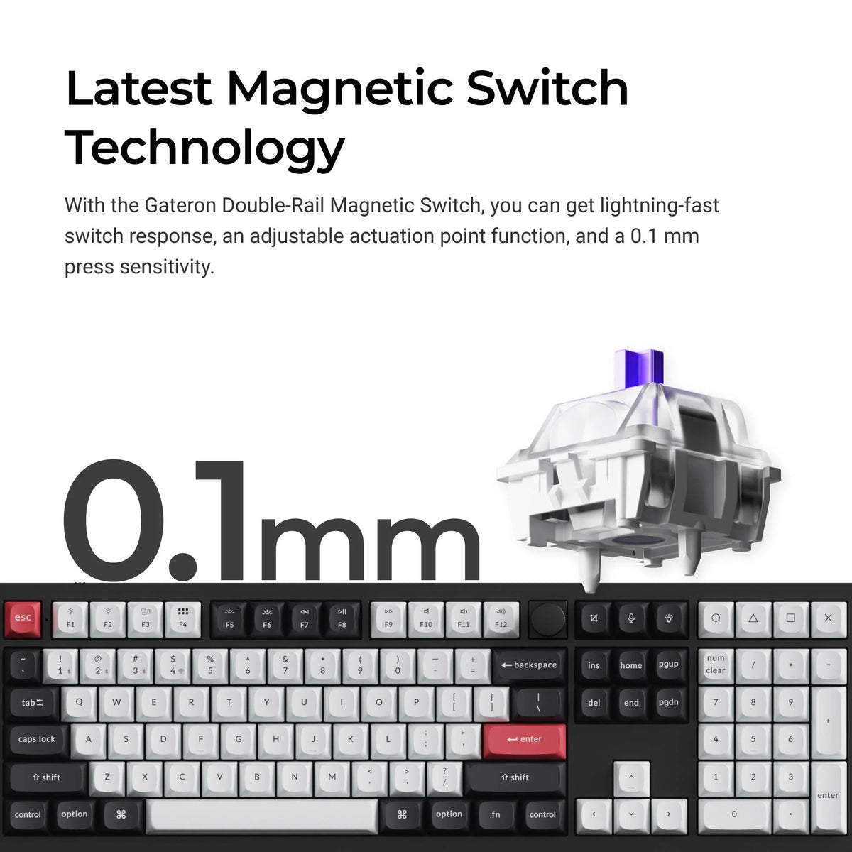 Teclado magnético (Gateron Nébula) com tripla conexão (Bluetooth + Wireless + USB-C), ANSI, iluminação RGB personalizável, layout 100%, cor Carbon Black, Switch Hall Effect