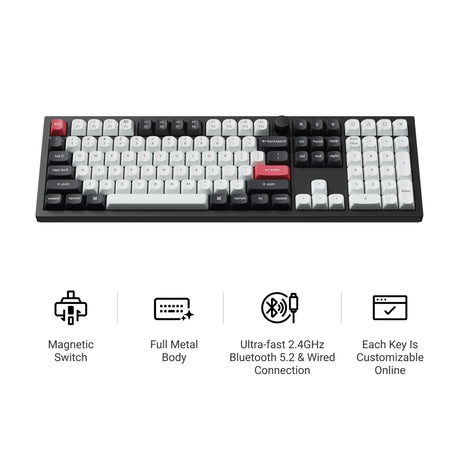 Teclado magnético (Gateron Nébula) com tripla conexão (Bluetooth + Wireless + USB-C), ANSI, iluminação RGB personalizável, layout 100%, cor Carbon Black